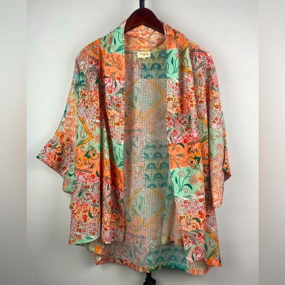 World Market Patchwork Floral Short Sleeve Pastel Open Front Kimono Cardigan - Picture 1 of 9